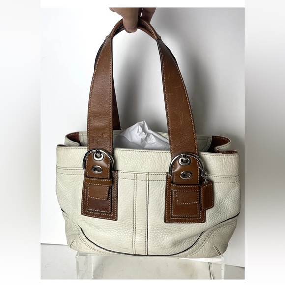 Authentic Vintage Coach Cream Leather Handbag Buckle brown straps F12302 READ - Picture 2 of 16